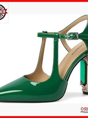 3.5 Inch Chunky Heel Slingback Pumps Pointed Toe Rhinestone Crystal Block Heels